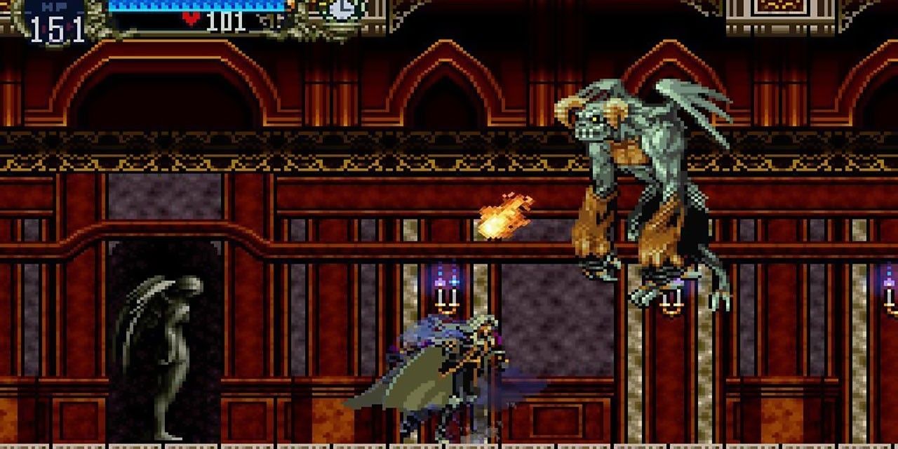 castlevania symphony of the night screenshot of a castle containing a flying gargoyle attacking the player.