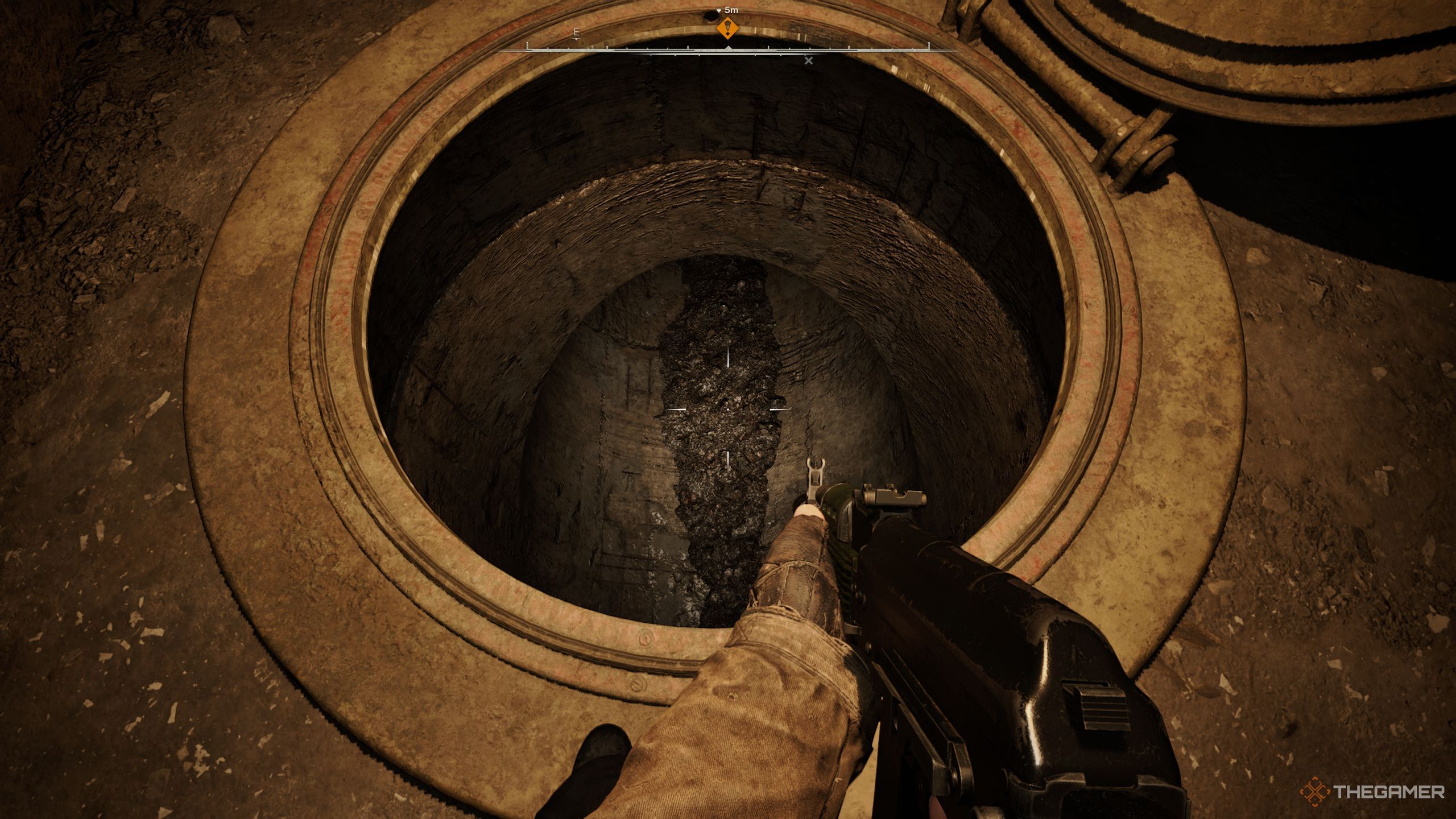 Skif aiming his gun toward a tunnel entrance.