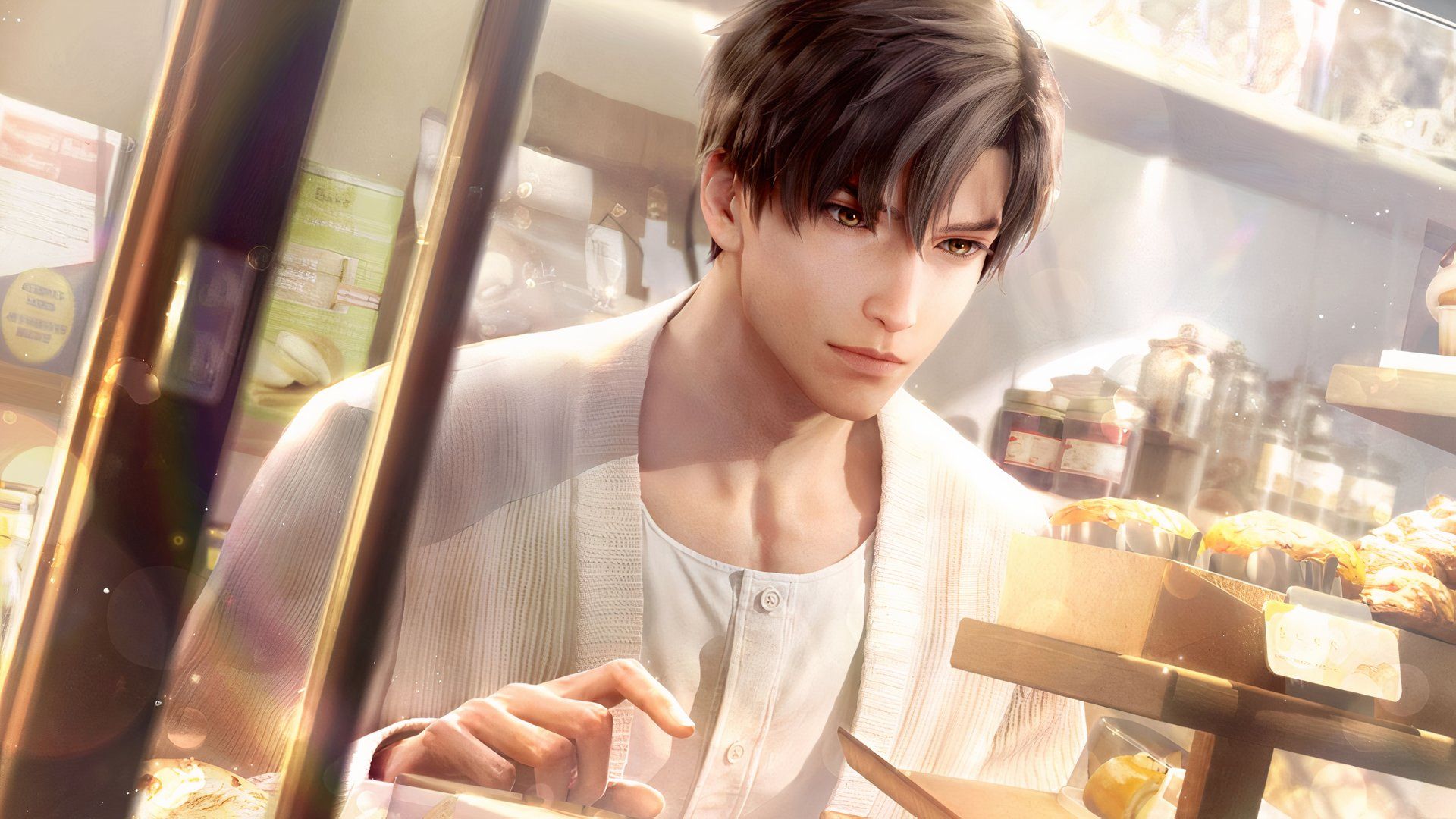 Love And Deepspace: An image of Zayne in a pastry shop.