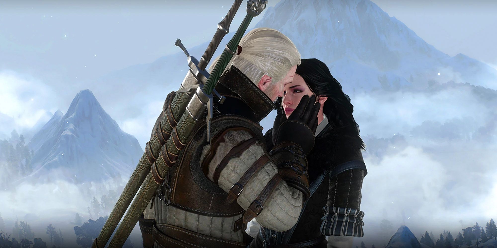 Geralt and Yennefer going in for a kiss in The Witcher 3.