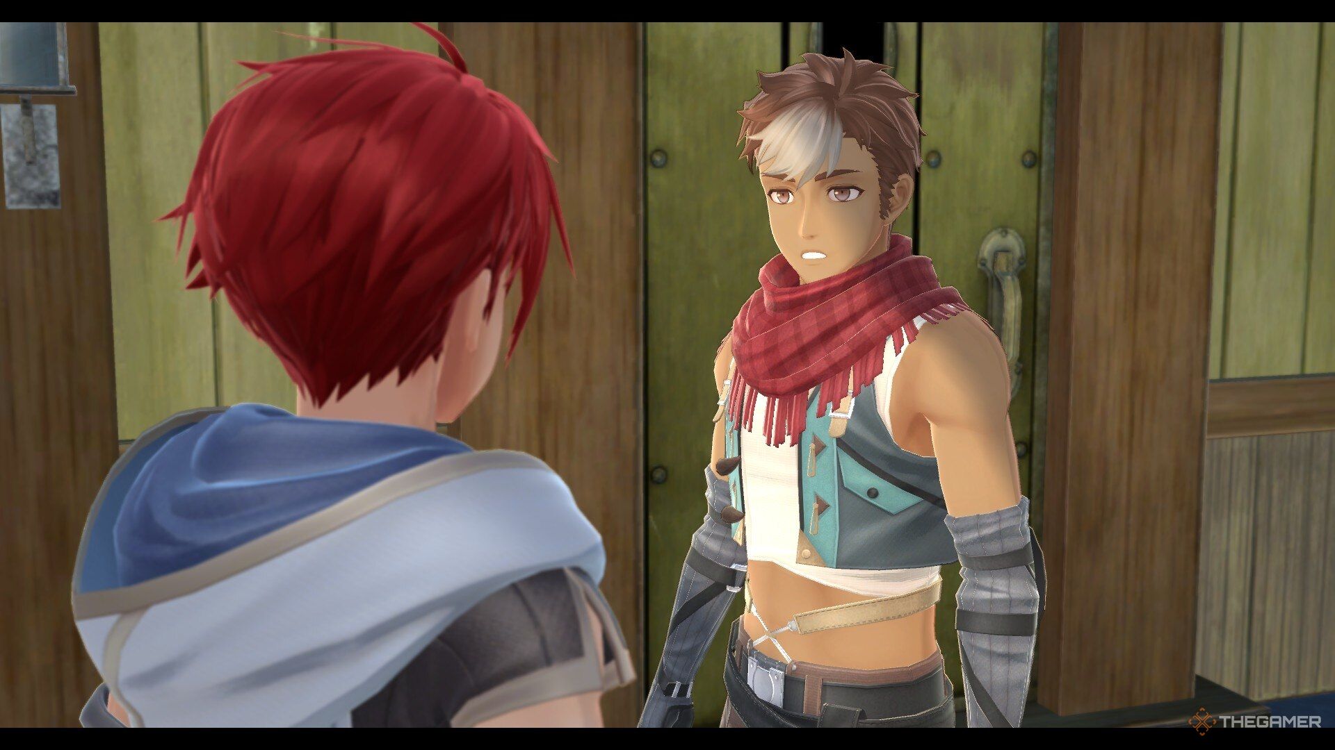 A cutscene screenshot of Grenn facing Adol in Ys X: Nordics.