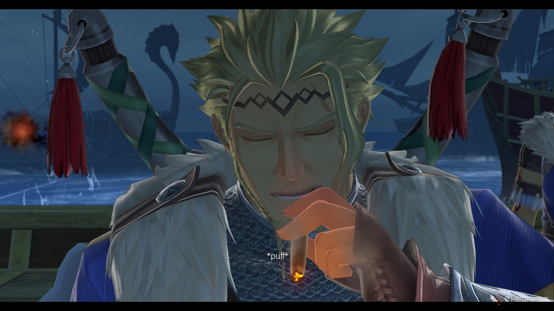 A cutscene screenshot of Jarl Grimson smoking a cigar in Ys X: Nordics.