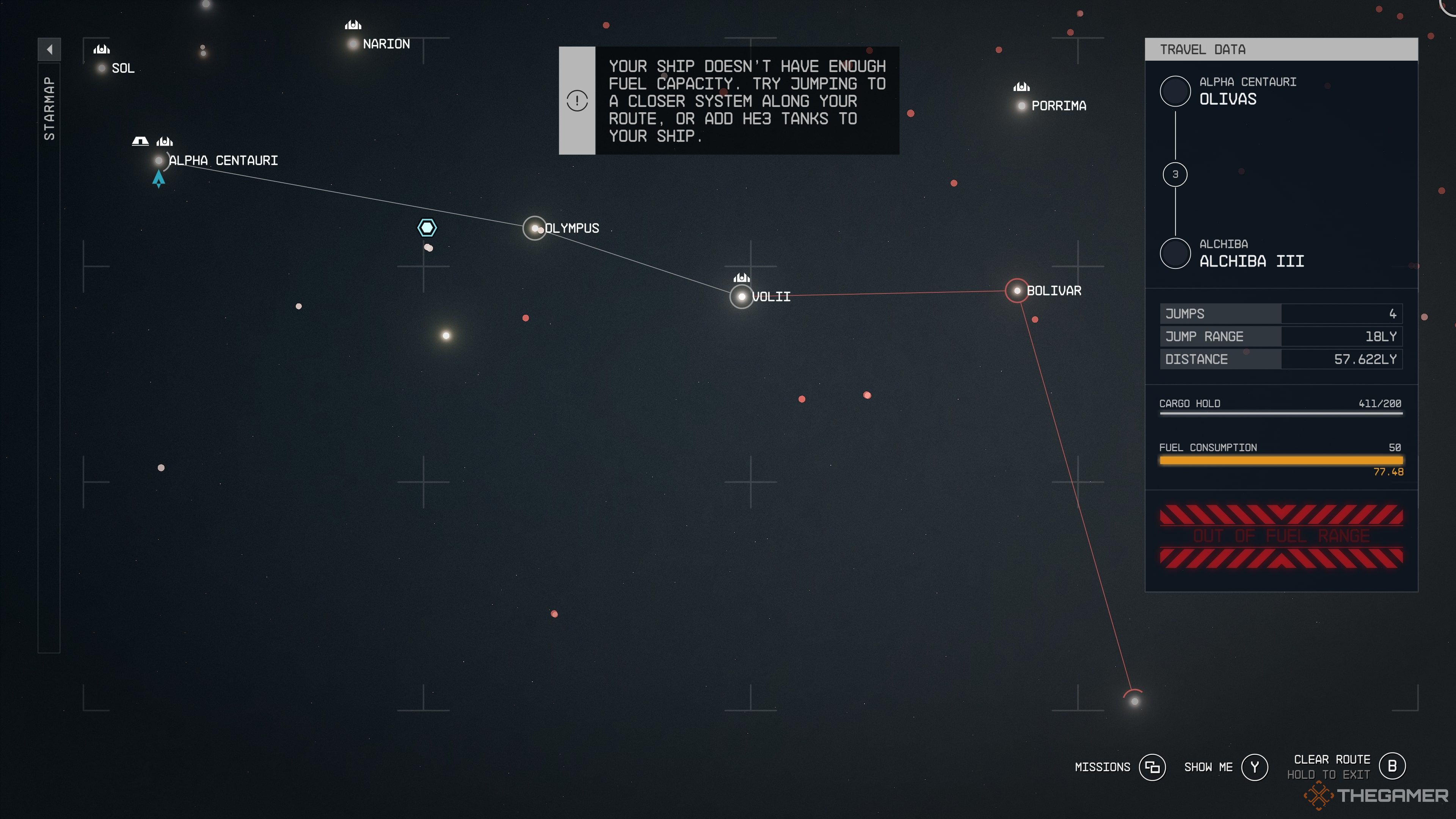 A screenshot of the galaxy map in Starfield, showing the location of the Alchiba System and the travel data needed for the ship.