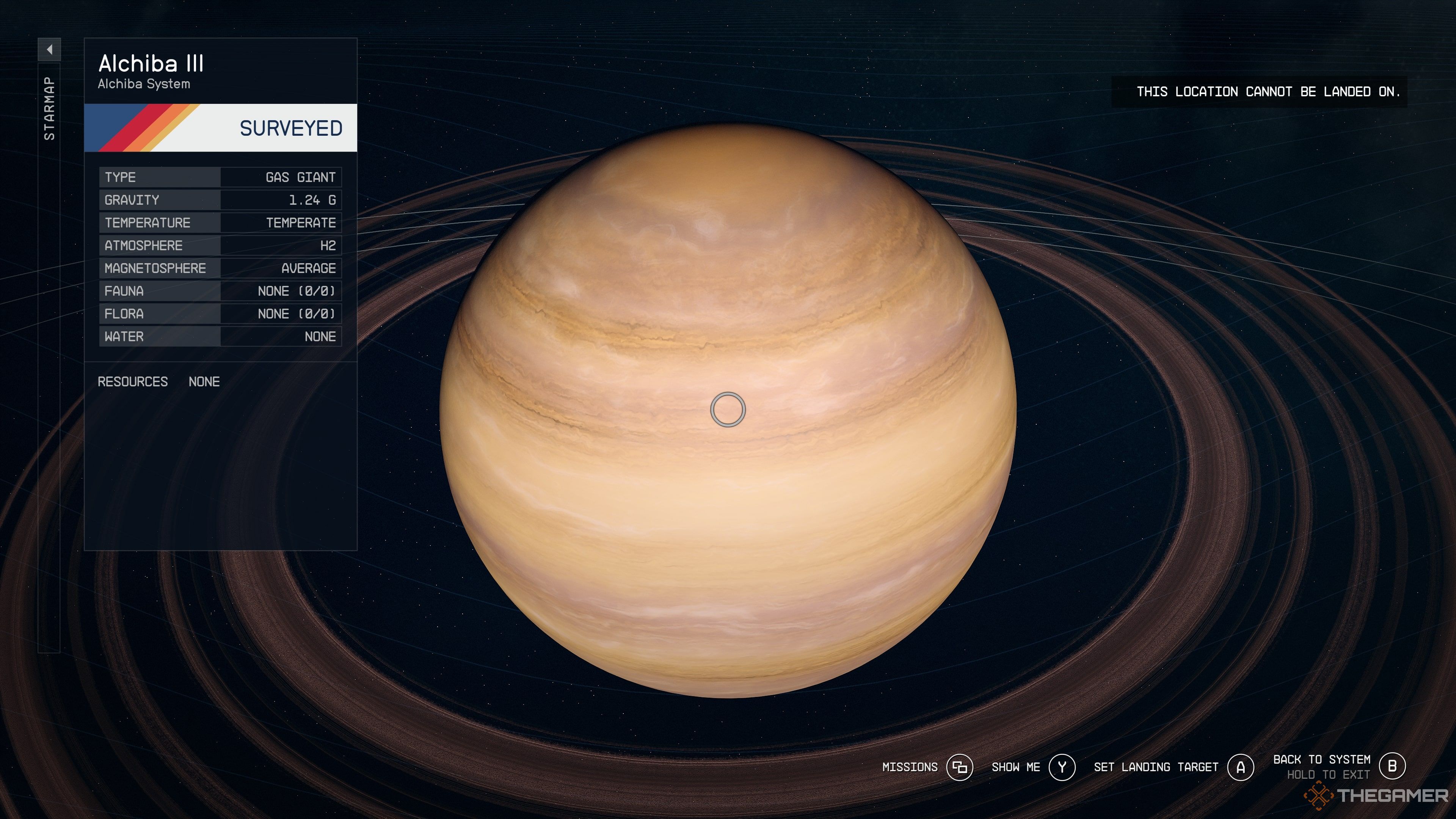 A planetary view of Starfield's Alchiba III with a breakdown of its key traits and resources.