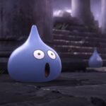 A Dragon Quest Slime enemy with a shocked expression in a screenshot from Super Smash Bros. Ultimate's Hero reveal trailer.