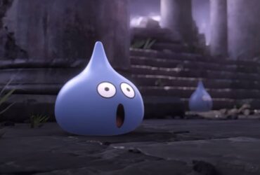 A Dragon Quest Slime enemy with a shocked expression in a screenshot from Super Smash Bros. Ultimate's Hero reveal trailer.