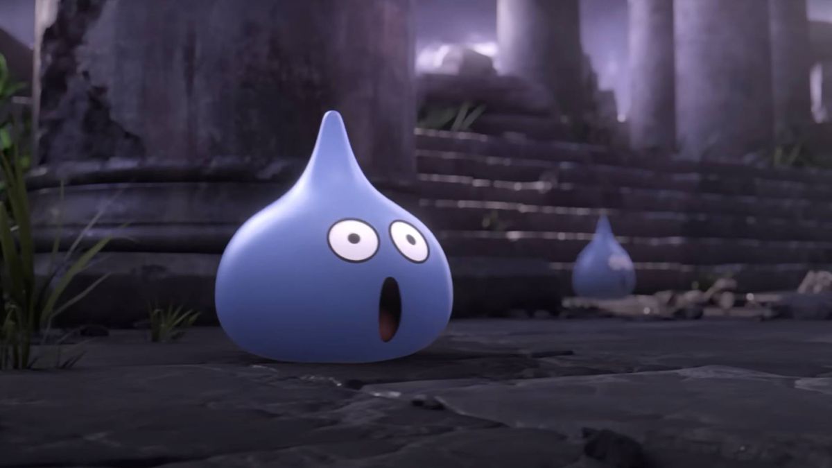 A Dragon Quest Slime enemy with a shocked expression in a screenshot from Super Smash Bros. Ultimate's Hero reveal trailer.