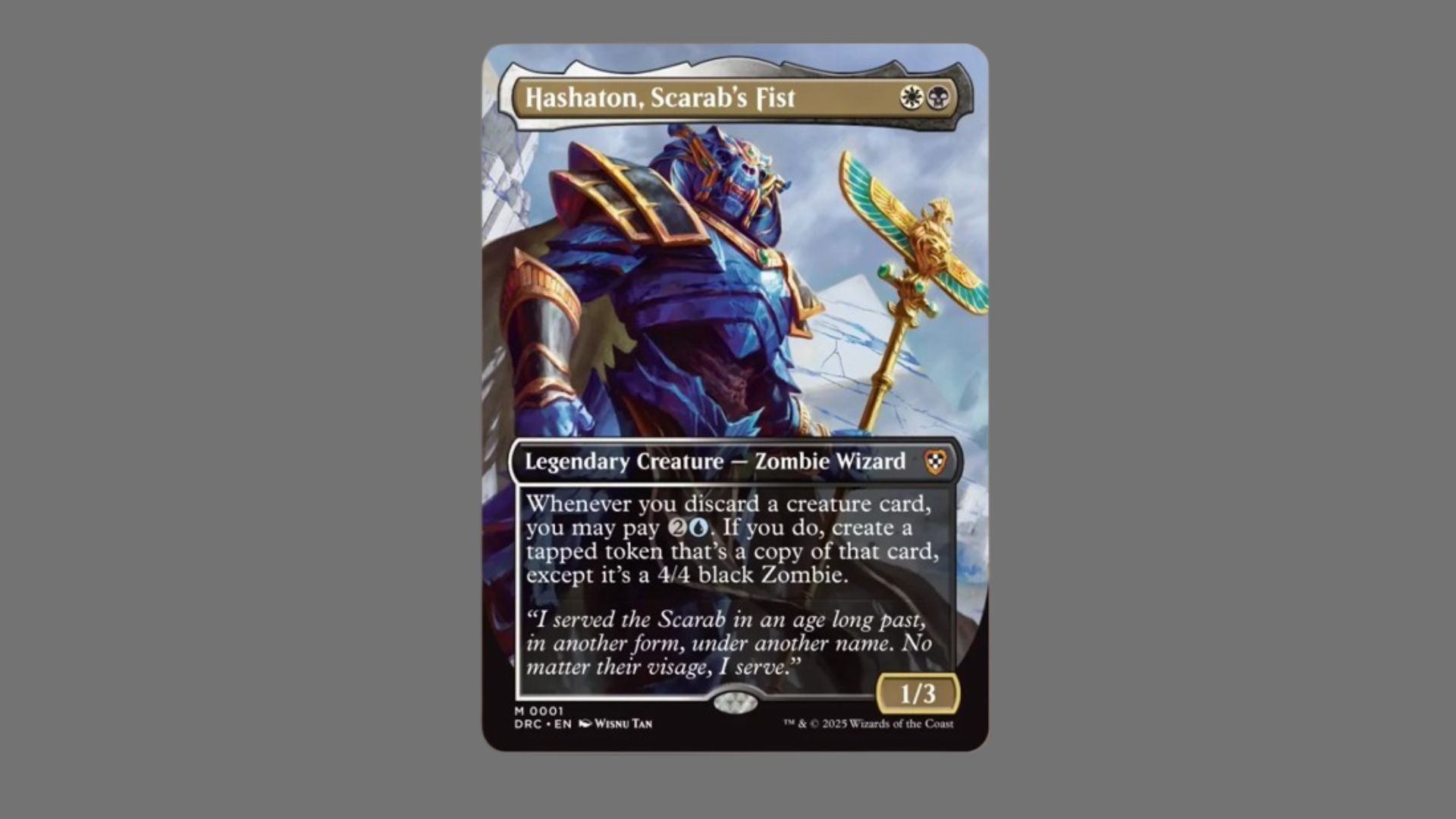 MTG Aetherdrift Hasaton, Scarab's Fist card on a gray background