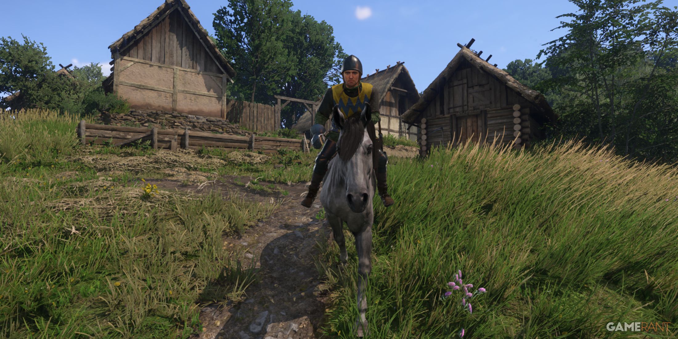 Pebbles, one of the most versatile early game horses in Kingdom Come Deliverance 2, by the barn