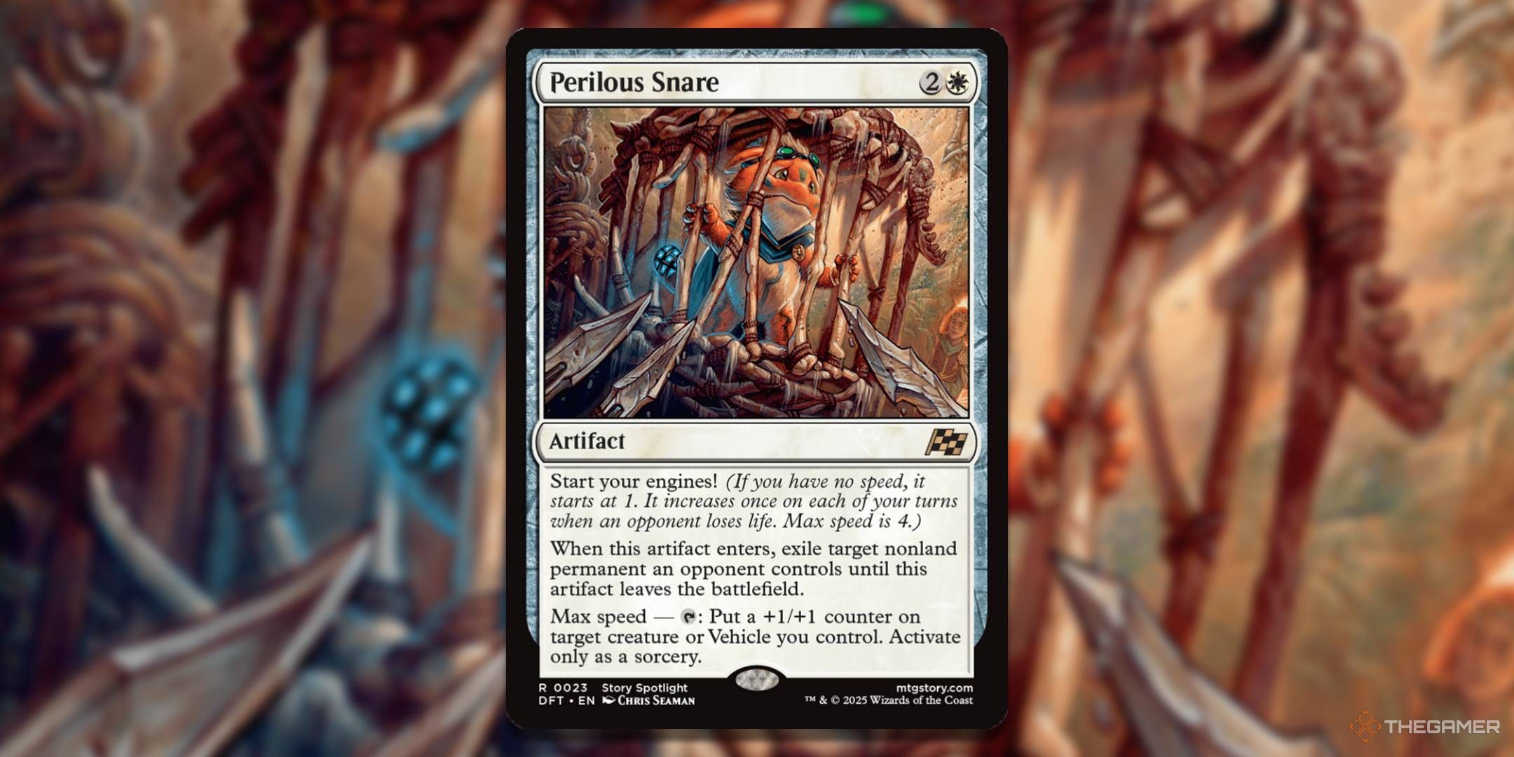 MTG Perilous Snare card with the art in the background.