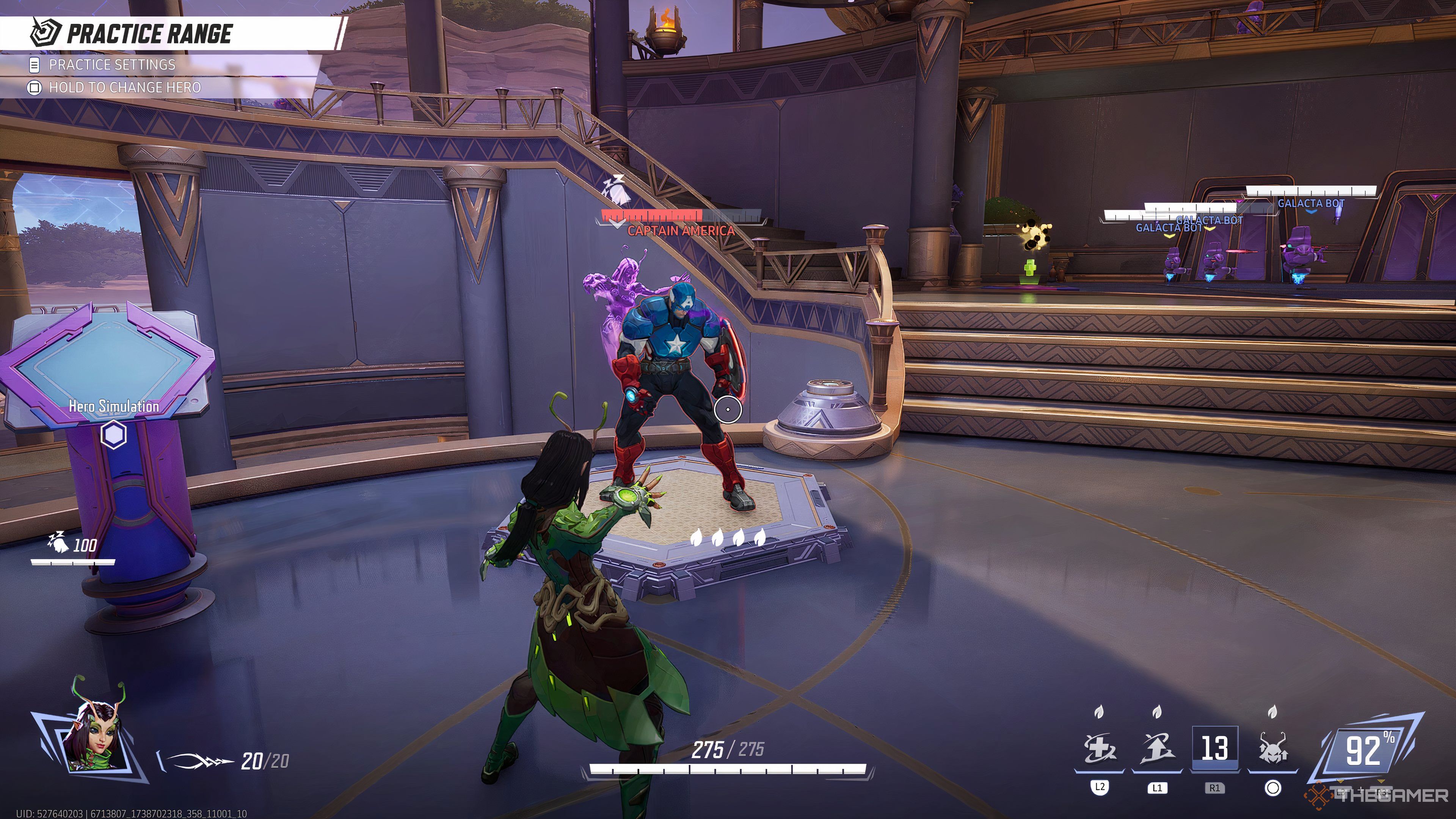 Mantis using Spore Slumber against Captain America in Marvel Rivals Practice Range.