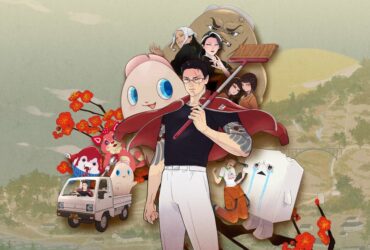 Michi, Pinky, and the rest of the Promise Mascot Agency standing in front of Kaso-Machi in key art for the game