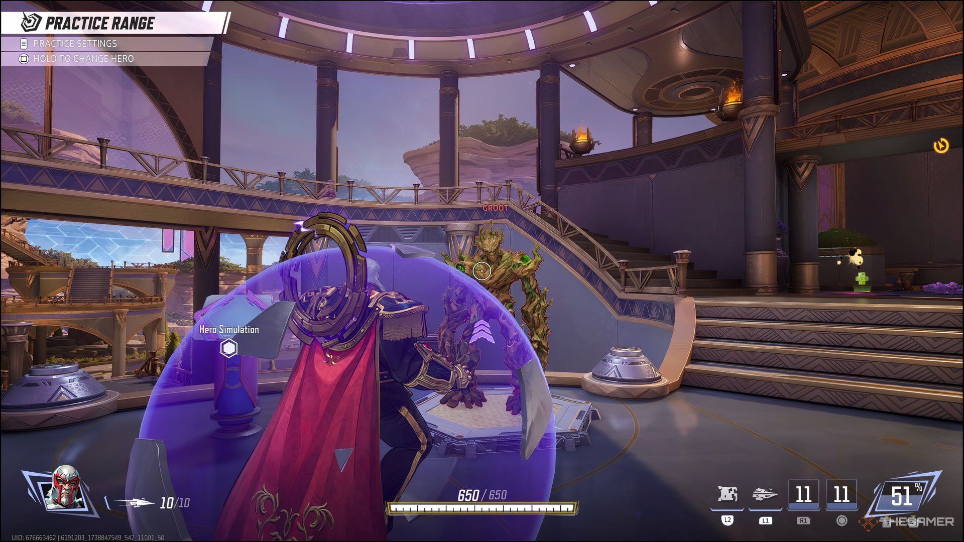 Magneto surrounded by a purple barrier in the Practice Range in Marvel Rivals.