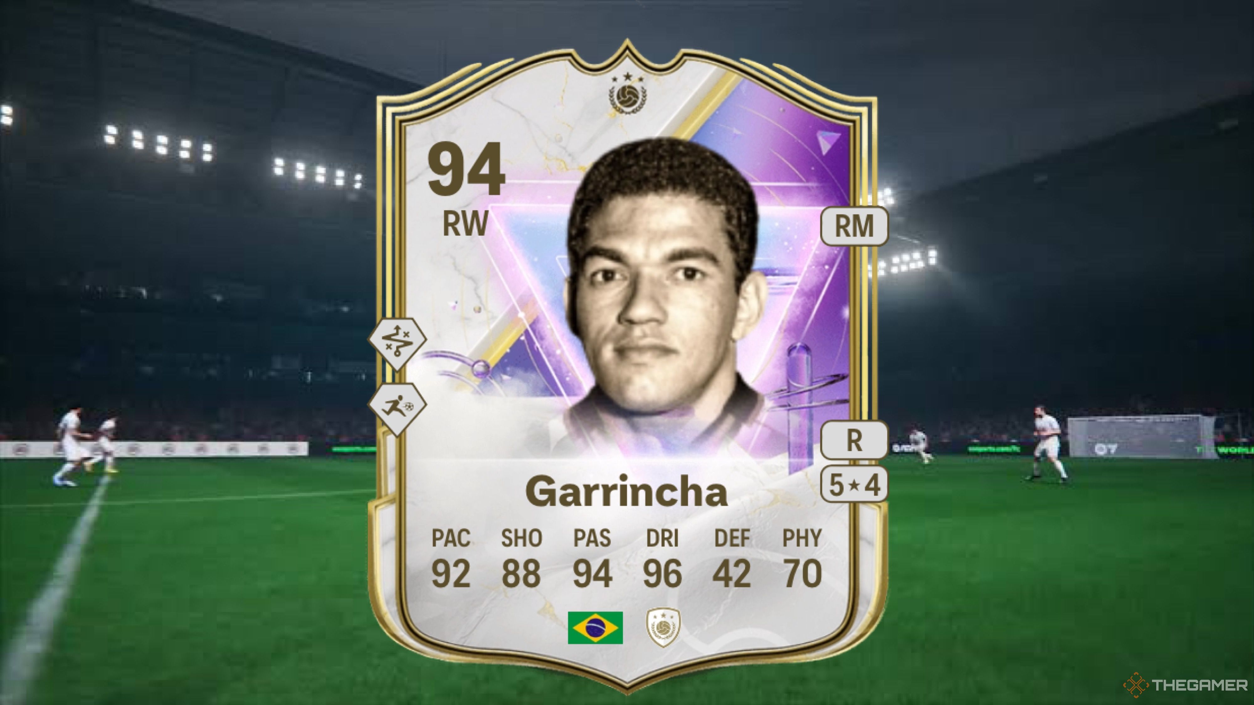 Image showing Garrincha card against a faded pitch background.