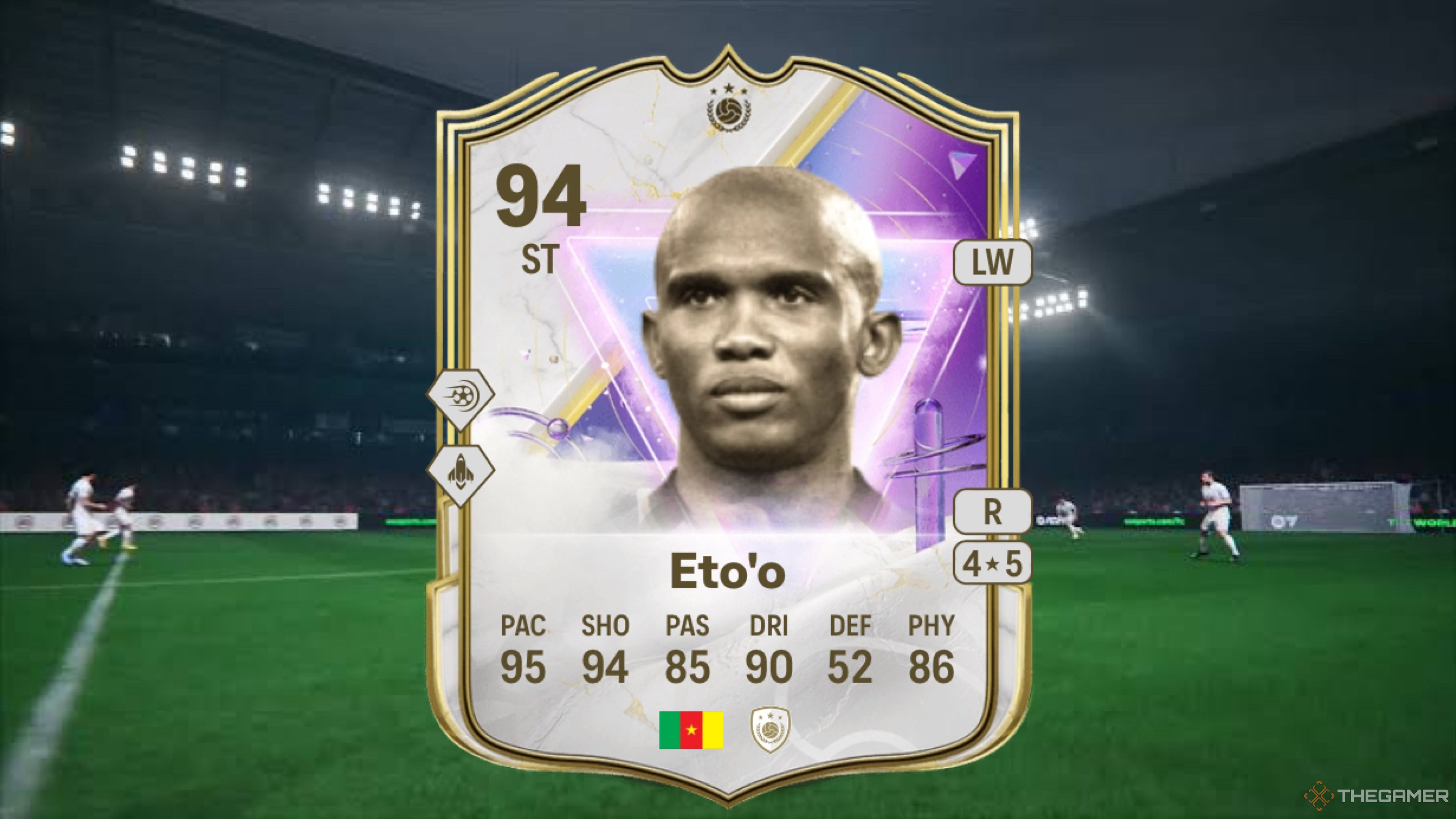 Image showing Eto’o card against a faded pitch background.