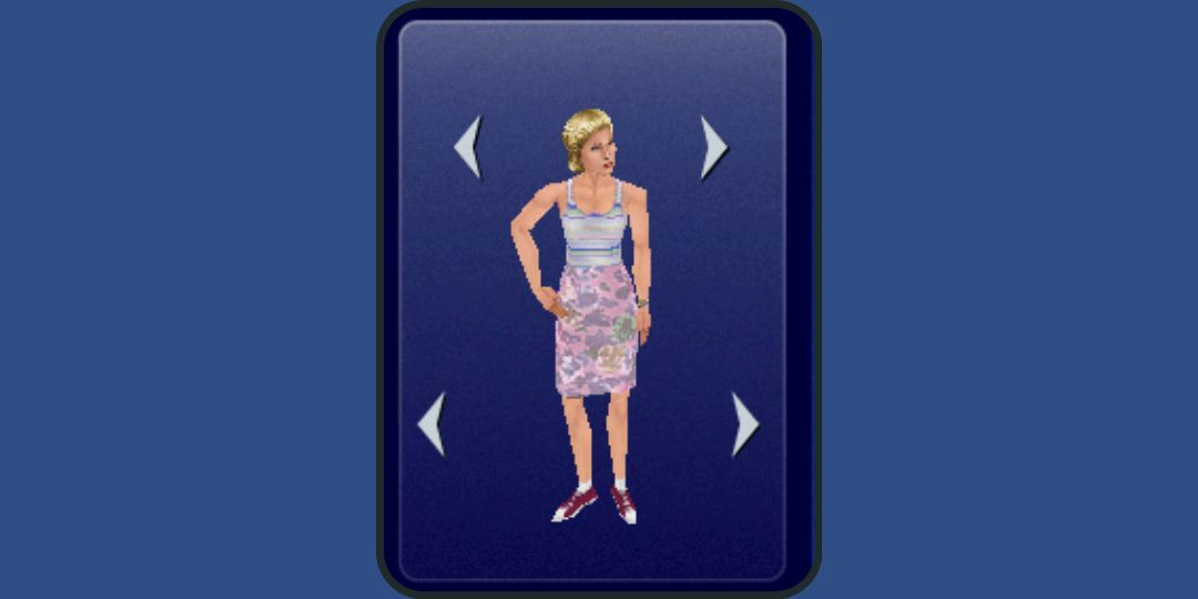 A Sim models a pink floral skirt, a striped top, and sneakers.