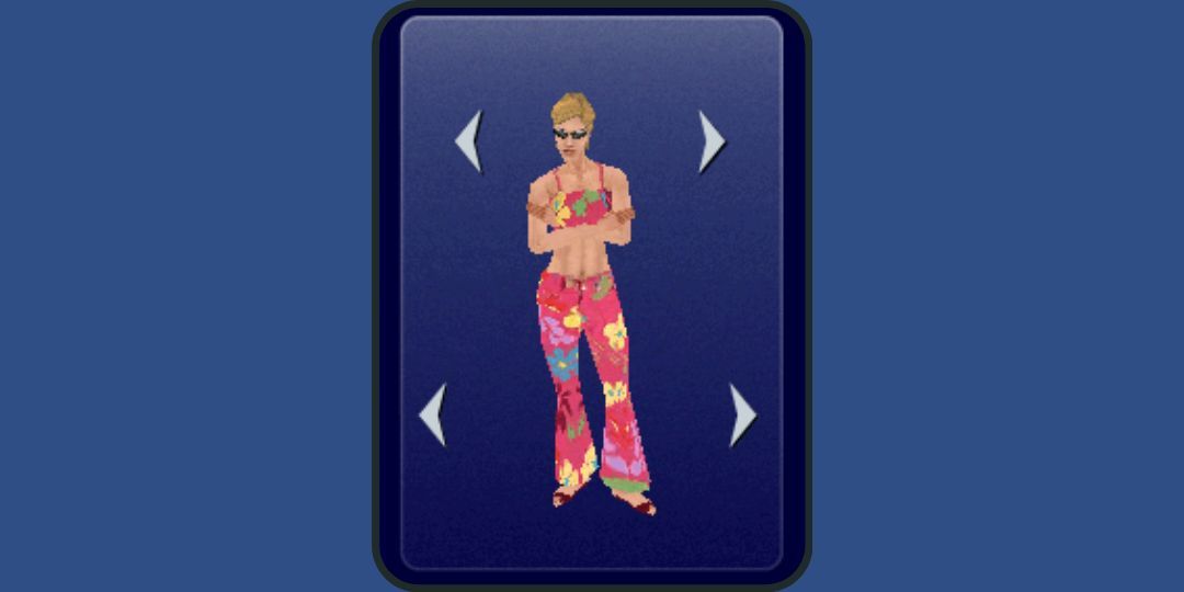 A Sim wears a floral jumpsuit in bright pink.