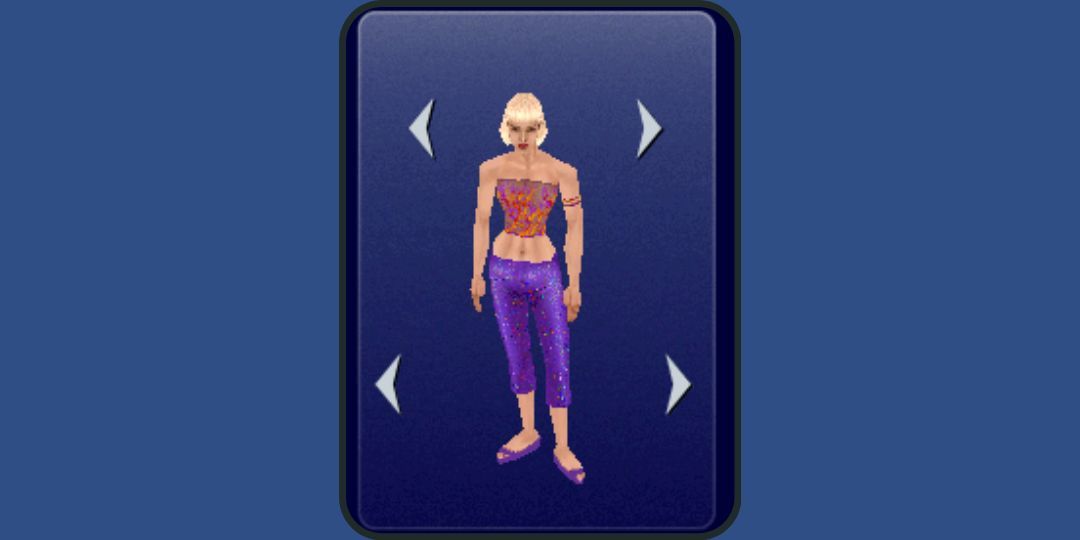 A sim models a top with a fire pattern and purple sparkly pants.