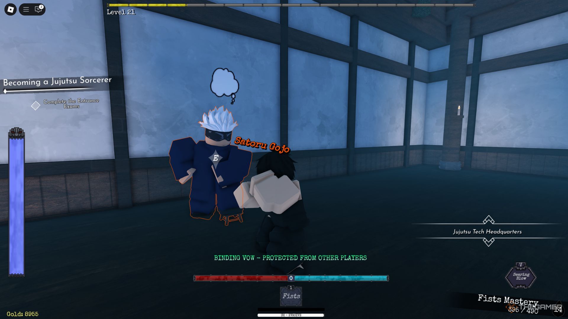 The player character shows Gojo NPC in a building in the Jujutsu Teach area in Jujutsu Odyssey.