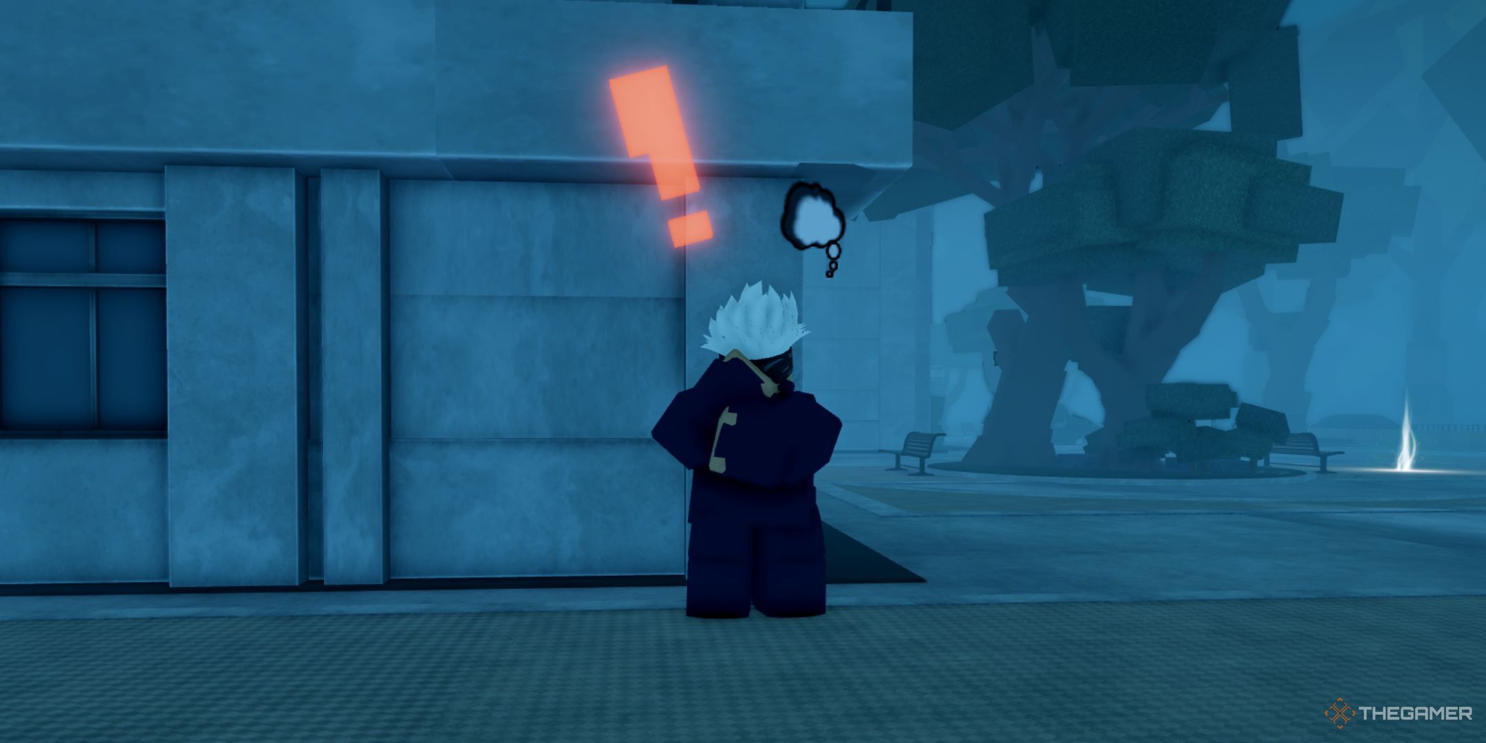 The player character shows Gojo NPC near a huge building in Jujutsu Odyssey.