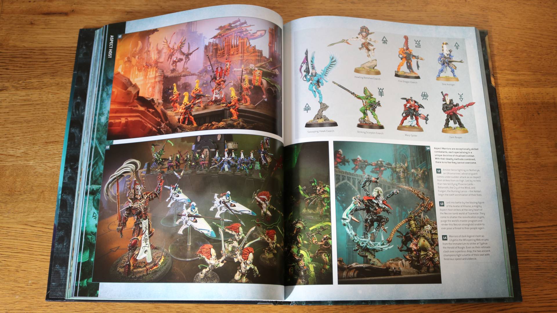 Warhammer 40,000 Codex: Aeldari spread showcasing painted Aspect Warrior models