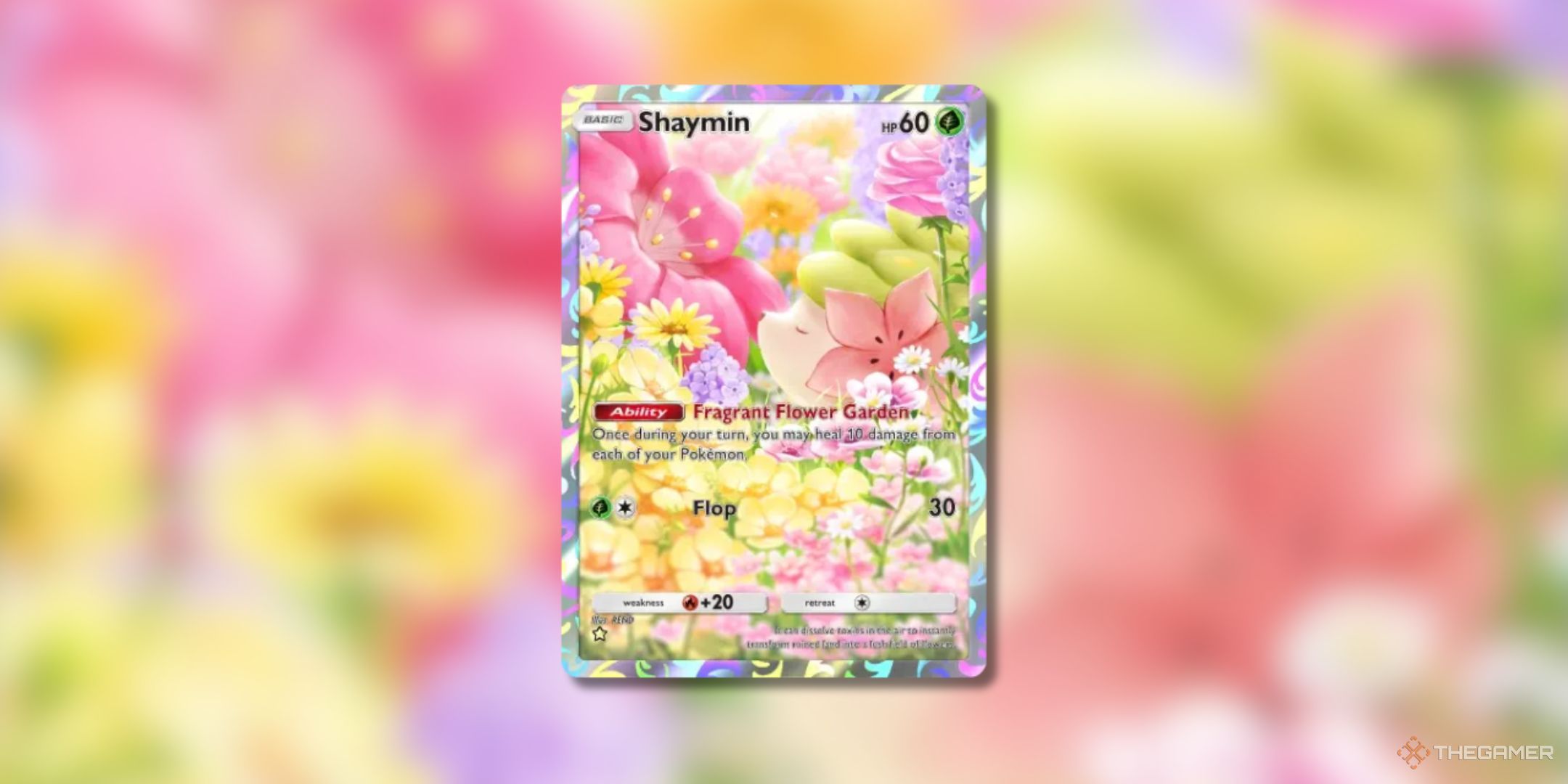 Pokemon Trading Card Game Pocket Shaymin one star pokemon card on a blurred background.