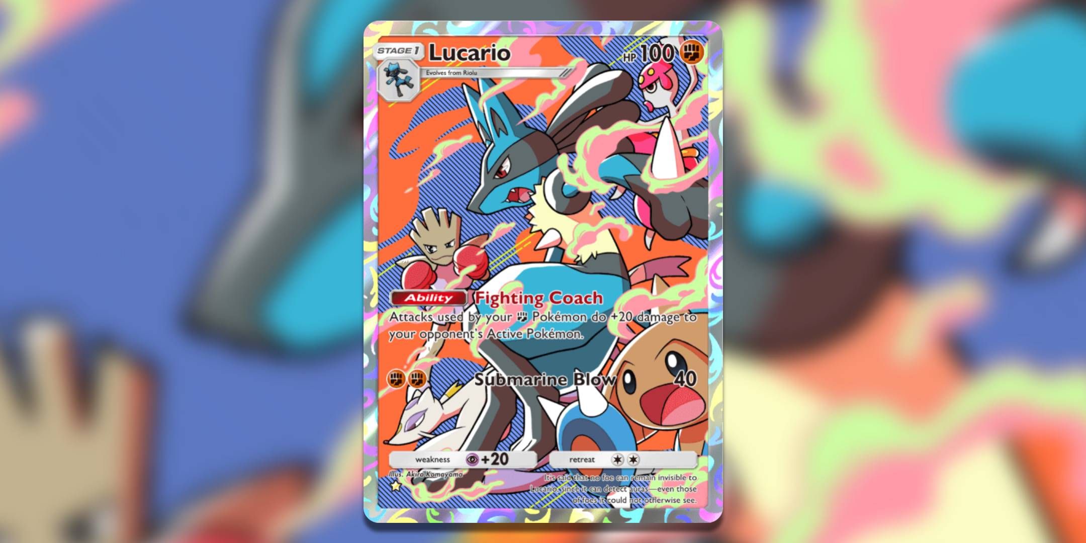 The Pokemon card Lucario by Akira Komayama.