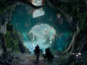 Avowed screenshot showing the lush fantasy realm called The Living Lands, with the protagonist looking at a lush cave powered by magical energy