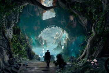 Avowed screenshot showing the lush fantasy realm called The Living Lands, with the protagonist looking at a lush cave powered by magical energy