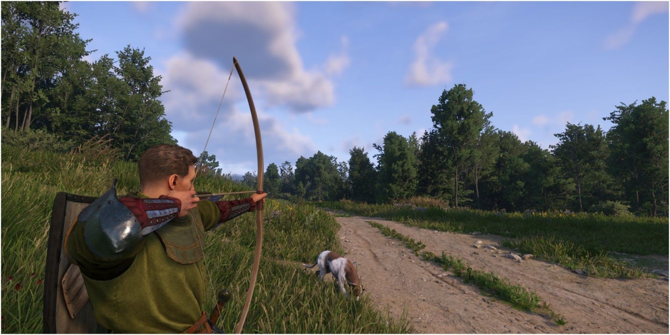 Kingdom Come Deliverance 2 Player aiming a bow Mutt sniffing