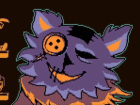 Deltarune screenshot of the purple cat shopkeeper Seam, who has a button over one of their eyes.