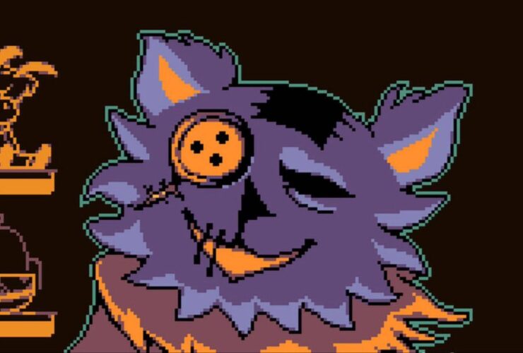 Deltarune screenshot of the purple cat shopkeeper Seam, who has a button over one of their eyes.