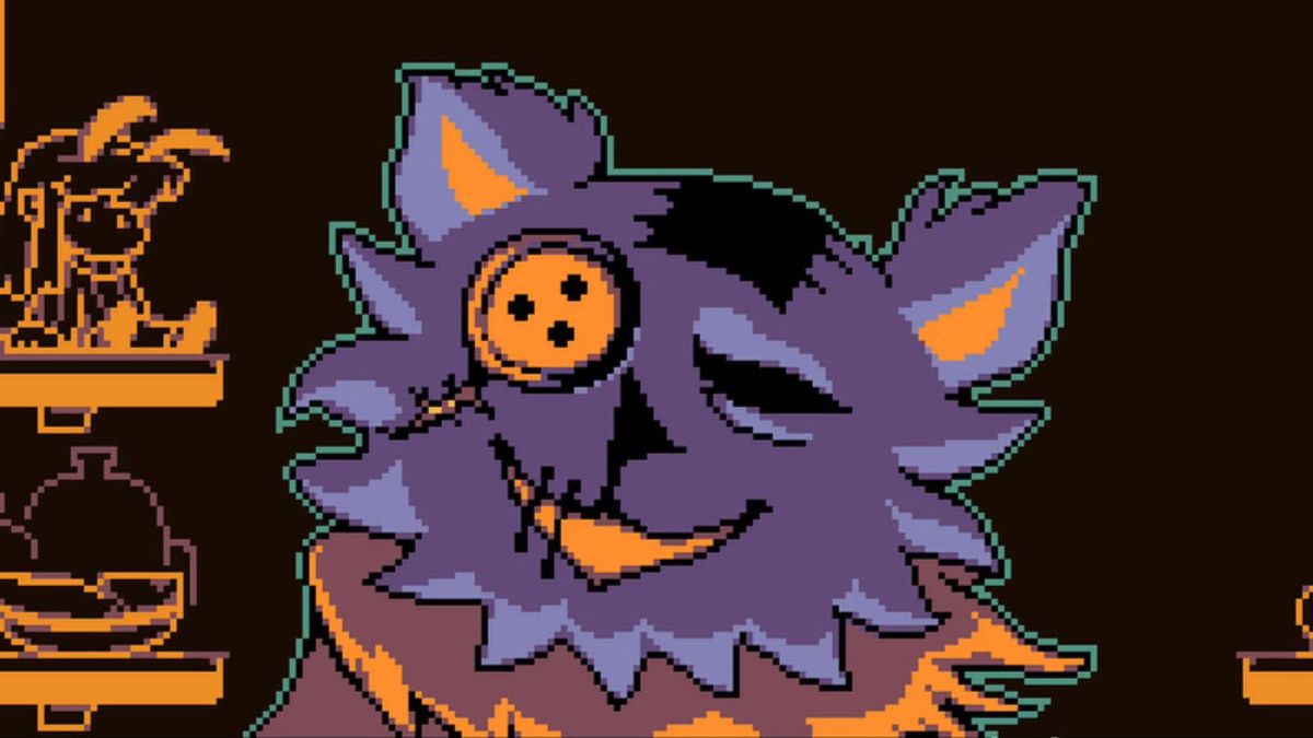 Deltarune screenshot of the purple cat shopkeeper Seam, who has a button over one of their eyes.