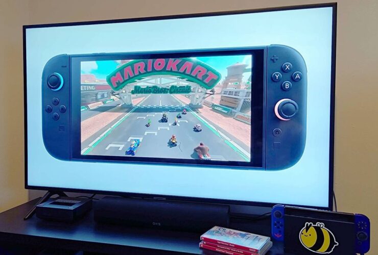 Samsung TV with Nintendo Switch 2 teaser trailer on screen featuring Mario Kart gameplay