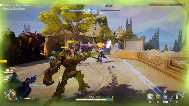 Groot engages in battle with several opponents.