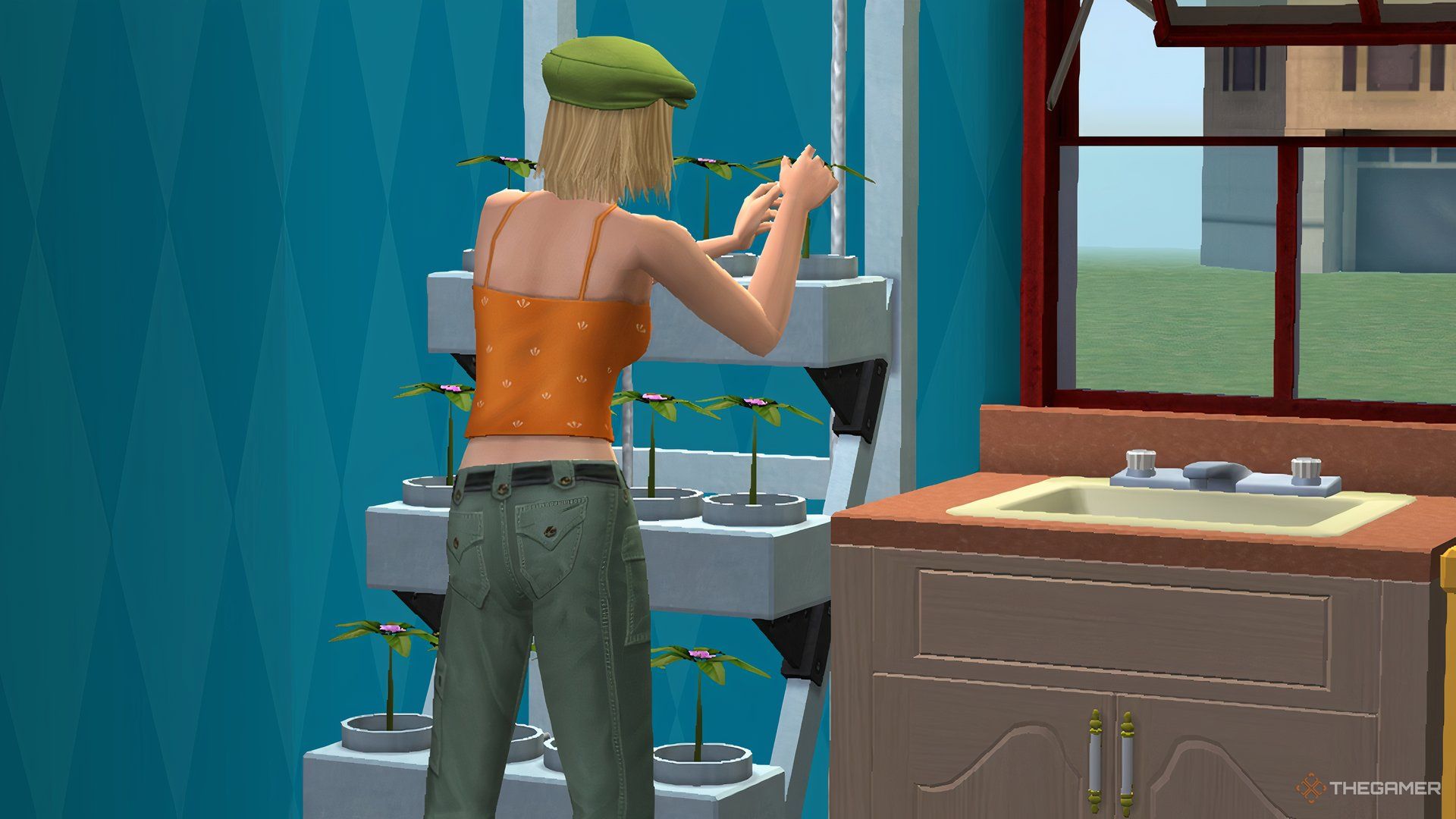 The Sims 2 A blonde woman arranging plants from the Slacker Career.