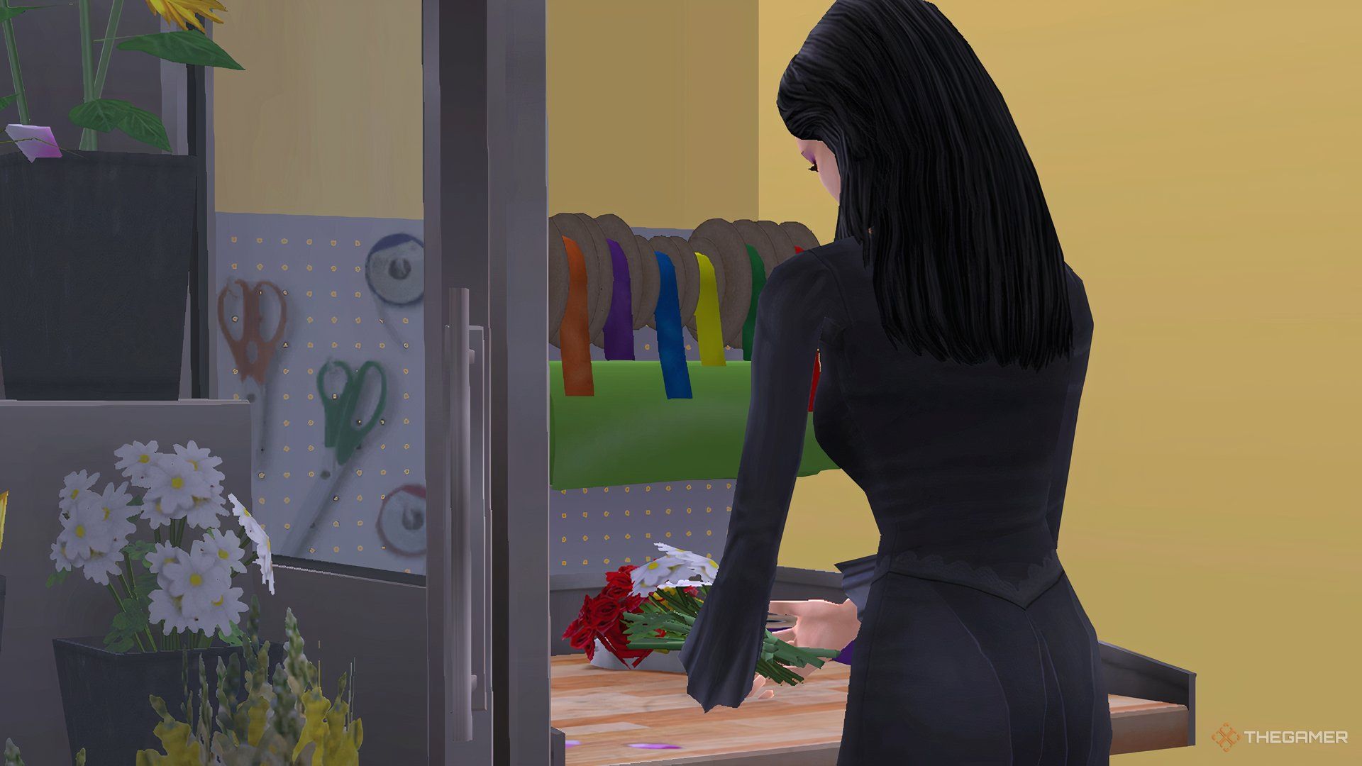 The Sims 2 Violet Nightshade arranging flowers at a table.