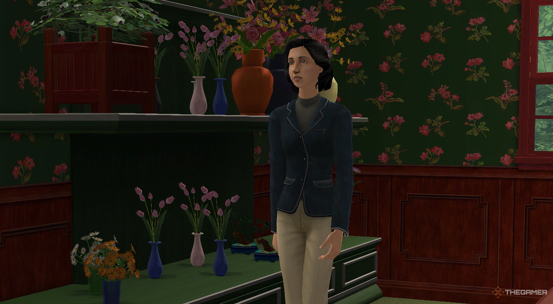 The Sims 2 Florence Delarosa in her flower shop, restocking.