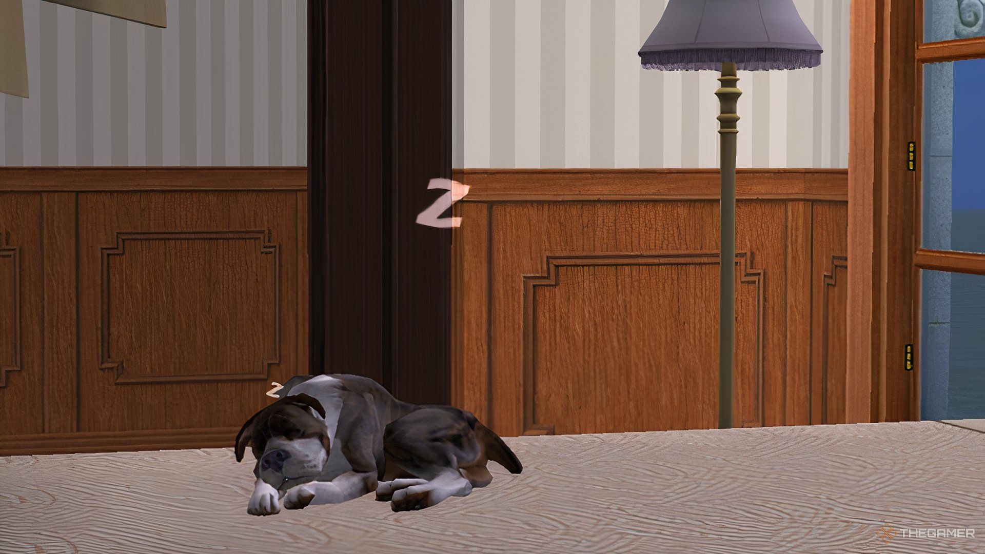 The Sims 2 A small dog sleeping on a bed.