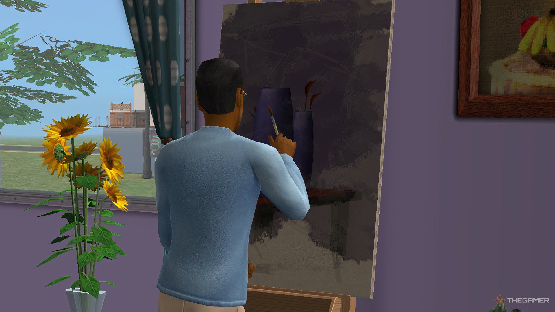 The Sims 2 Darren Dreamer painting a still life of a vase.