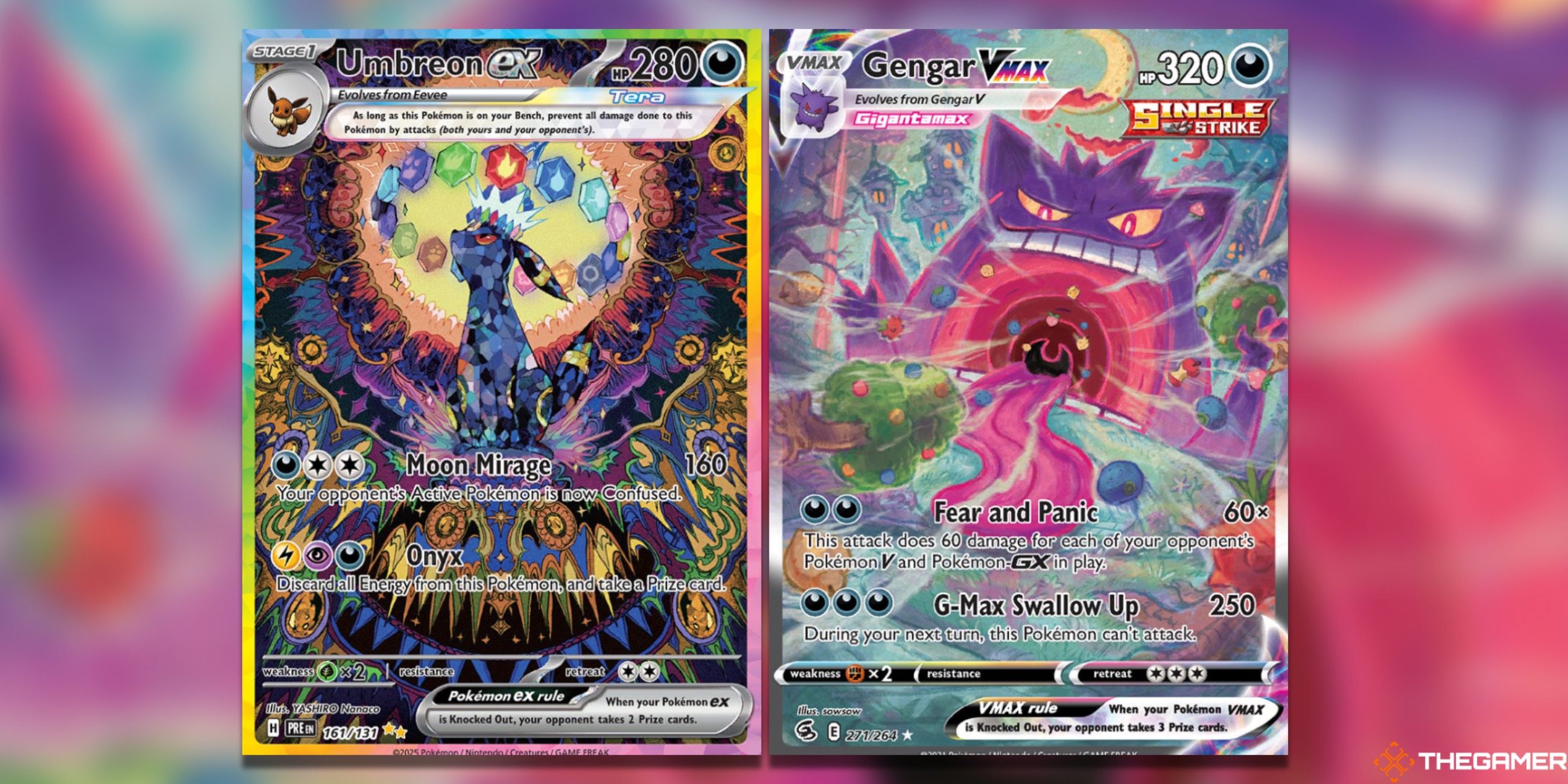 The Umbreon ex Special Illustration Rare from Prismatic Evolutions and the Gengar VMAX Alternate Art Secret from Fusion Strike in the Pokemon TCG.