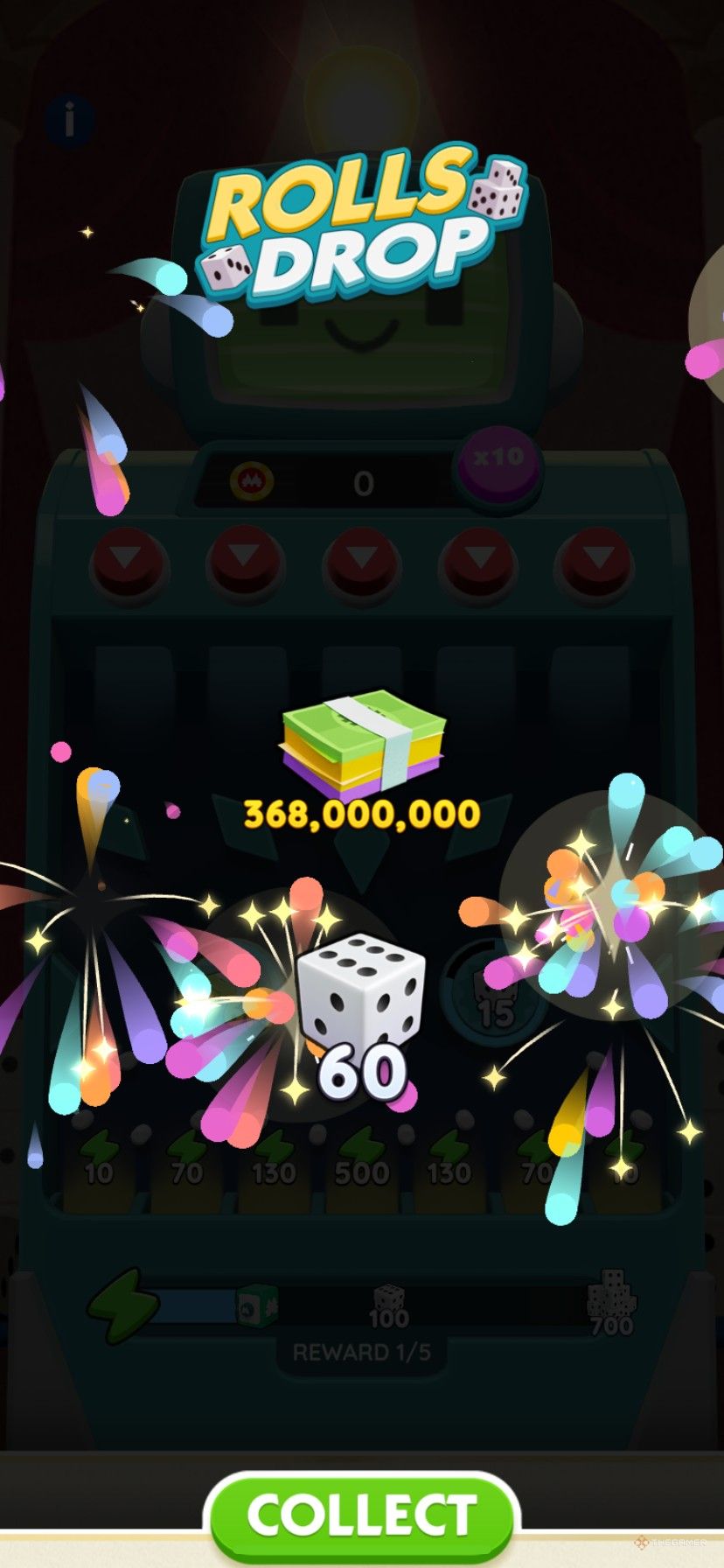 Earning 60 dice and cash from the Peg-E Rolls Drop event on February 10 in Monopoly Go.