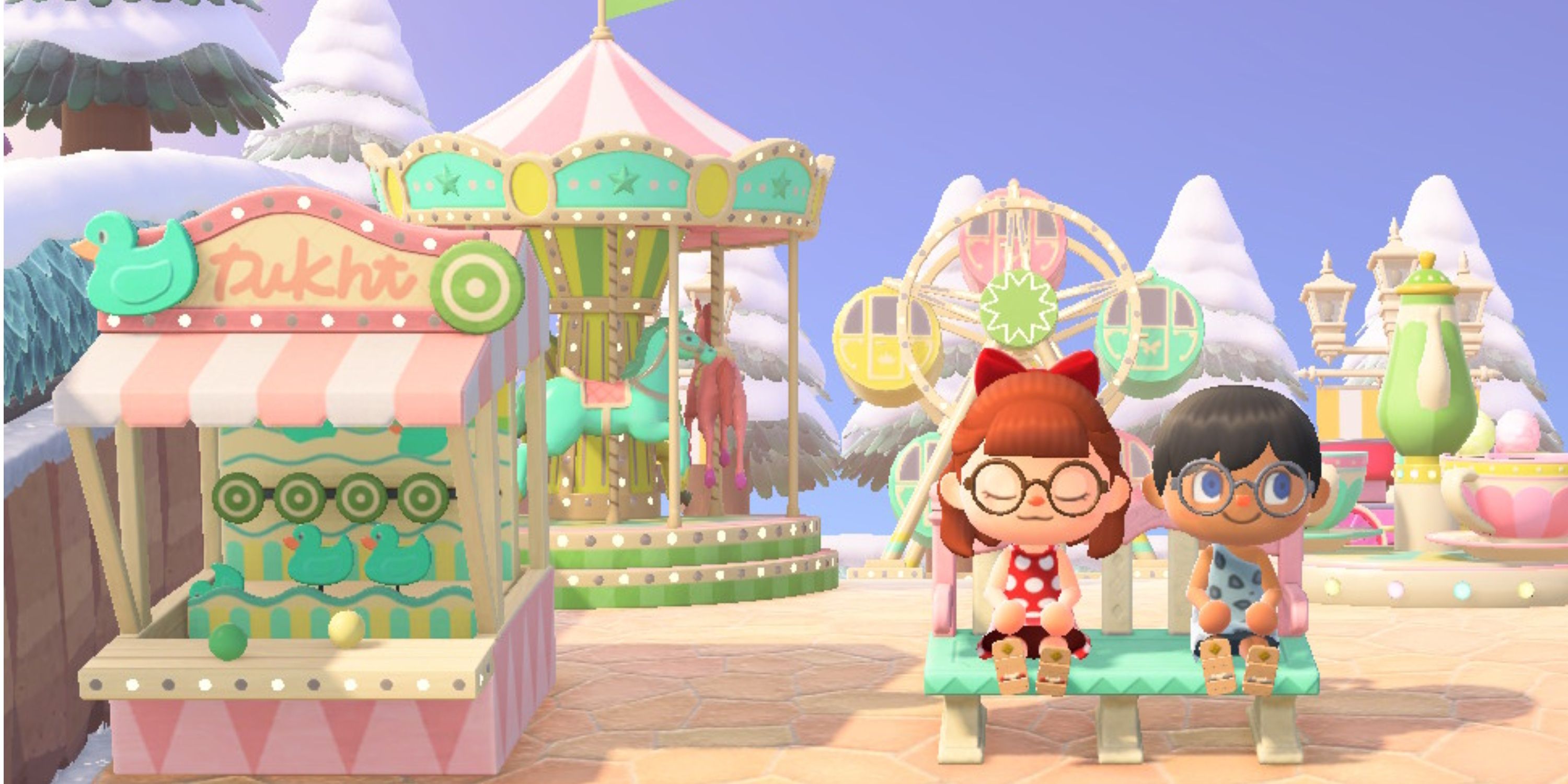 Sitting in a carnival setup in Animal Crossing: New Horizons