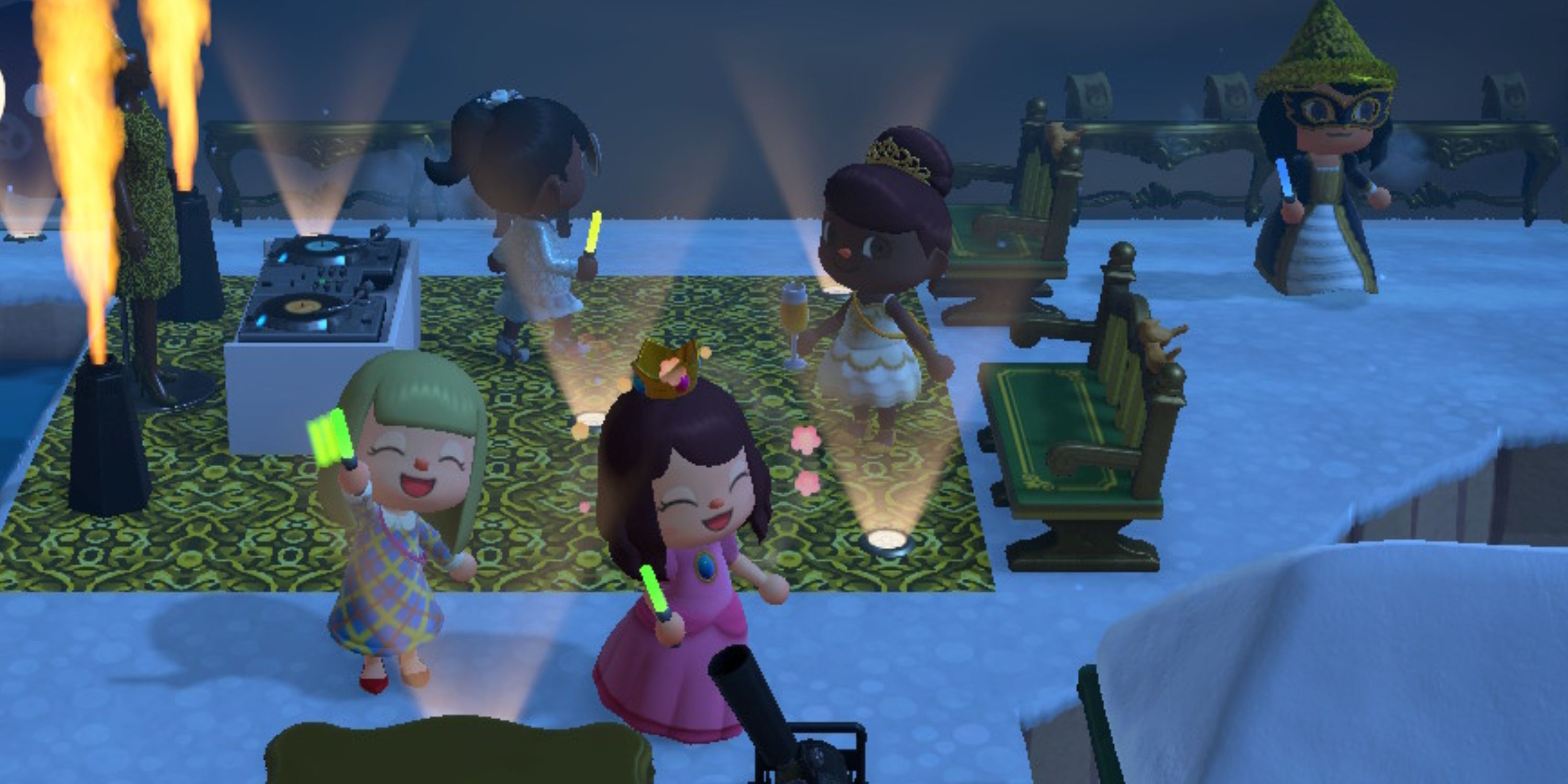 Friends dancing by DJ setup in Animal Crossing: New Horizons