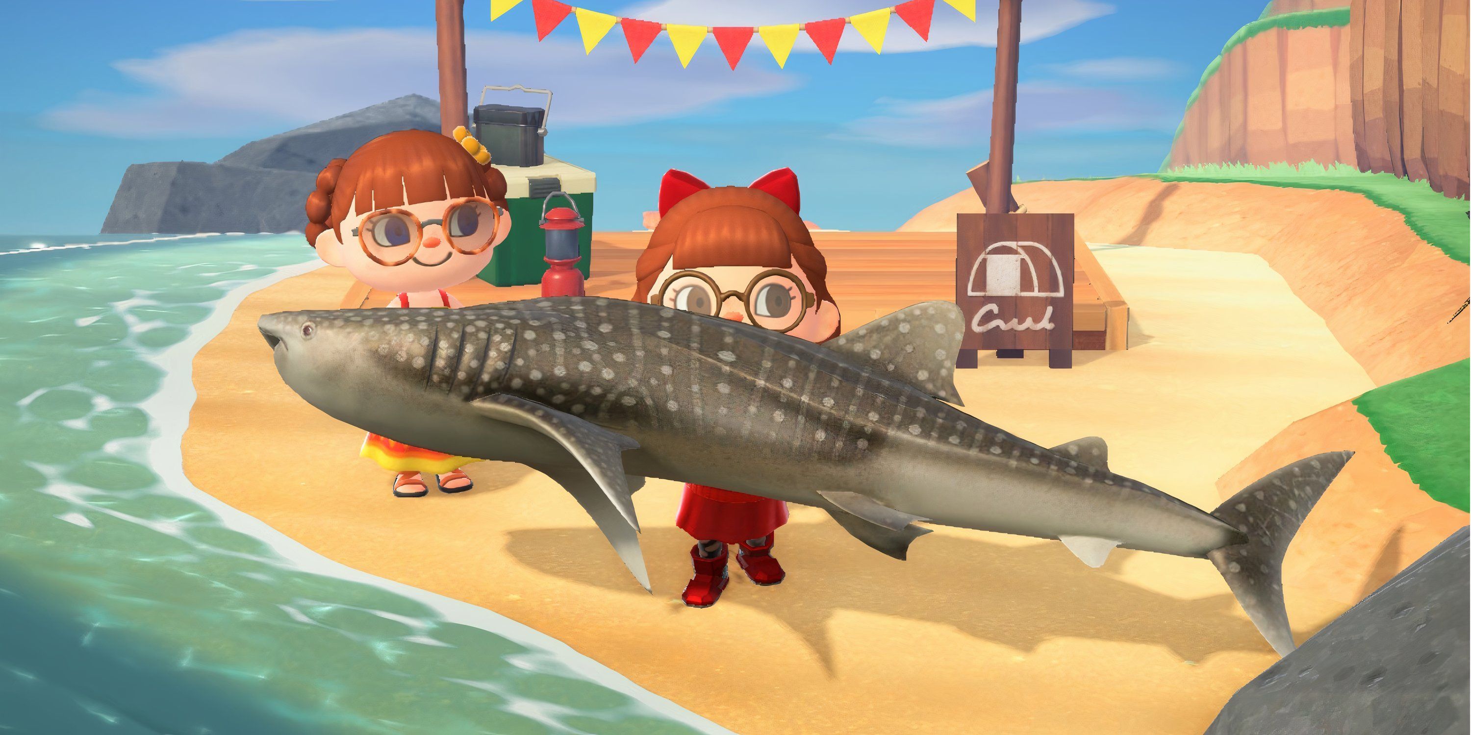 Showing off whale shark in Animal Crossing: New Horizons