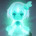 Fantasy Life i: The Girl Who Steals Time trailer screenshot showing a a cyan ghost-like female figure floating as light glows behind her, her expression sorrowful or worried