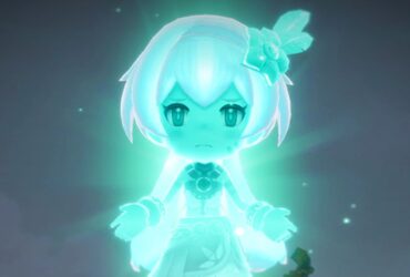 Fantasy Life i: The Girl Who Steals Time trailer screenshot showing a a cyan ghost-like female figure floating as light glows behind her, her expression sorrowful or worried