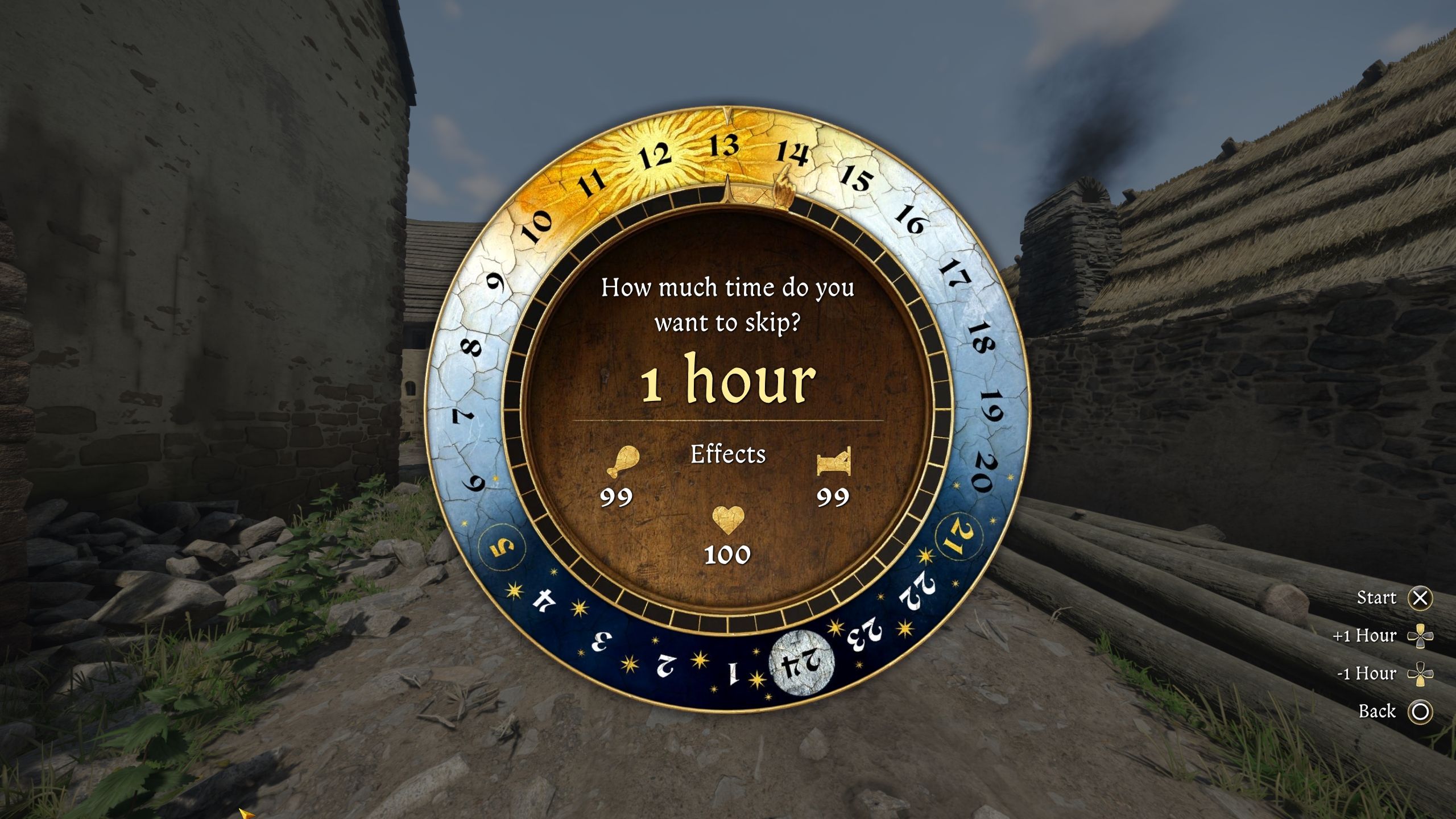 A picture of the 24hours wheel of the wait feature in Kingdom Come Deliverance 2