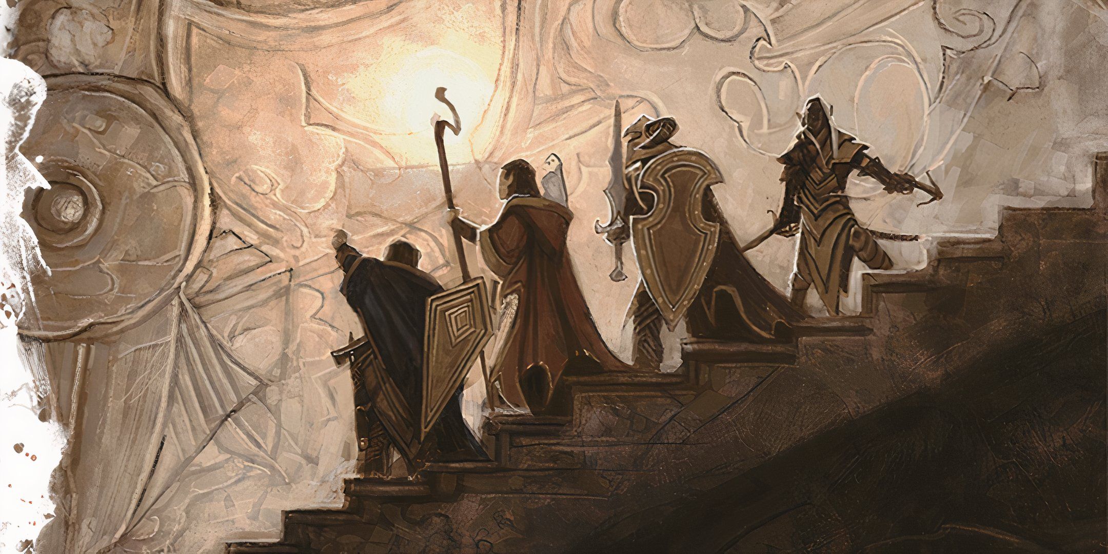 An adventuring party climbs down a dark staircase in Dungeons & Dragons.