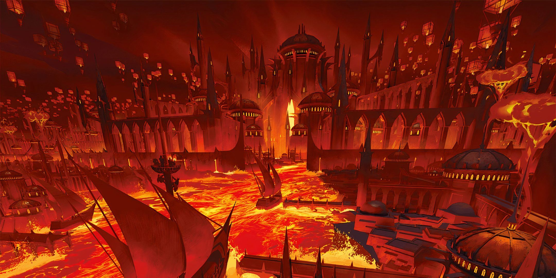 The city of brass nestled in a riverbed of lava in the Elemental Plane of Fire in Dungeons & Dragons.